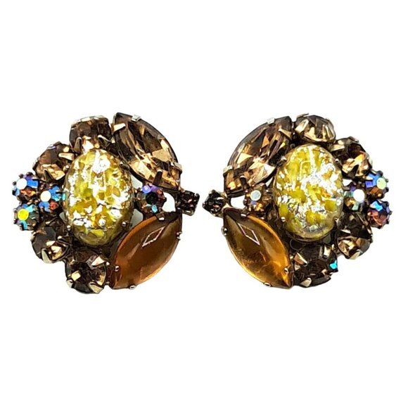 Vintage Jewelry - Yellow Foil Art Glass Rhinestone Earrings Autumn Colors Vintage Costume Jewelry